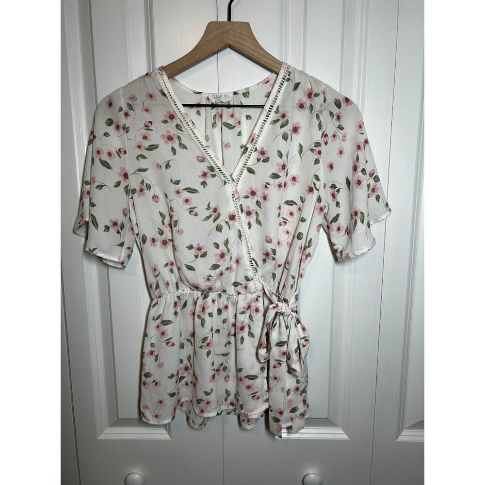 Sienna Sky White Pink Floral Faux Wrap Blouse Lace Trim Small